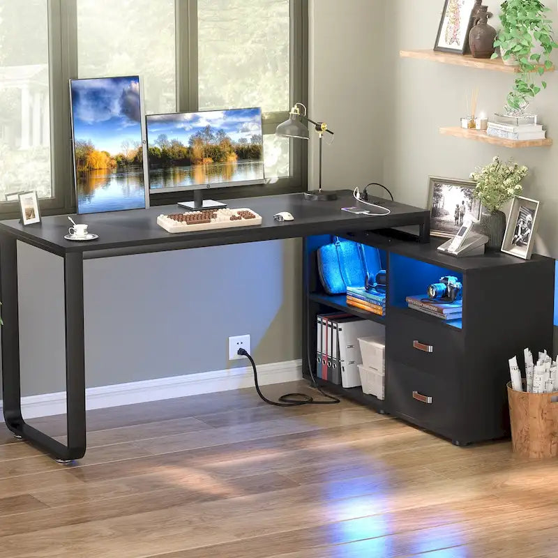 Bureau d'angle réversible en forme de L de 55 pouces avec classeur et prise de courant, bureaux d'ordinateur d'angle avec bande LED et tiroir