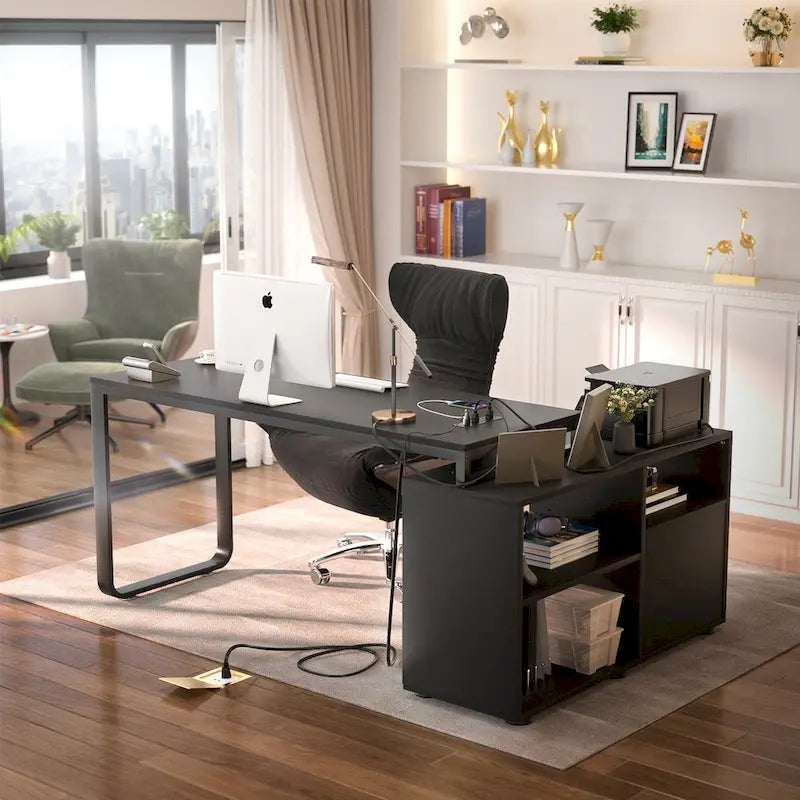 Bureau d'angle réversible en forme de L de 55 pouces avec classeur et prise de courant, bureaux d'ordinateur d'angle avec bande LED et tiroir