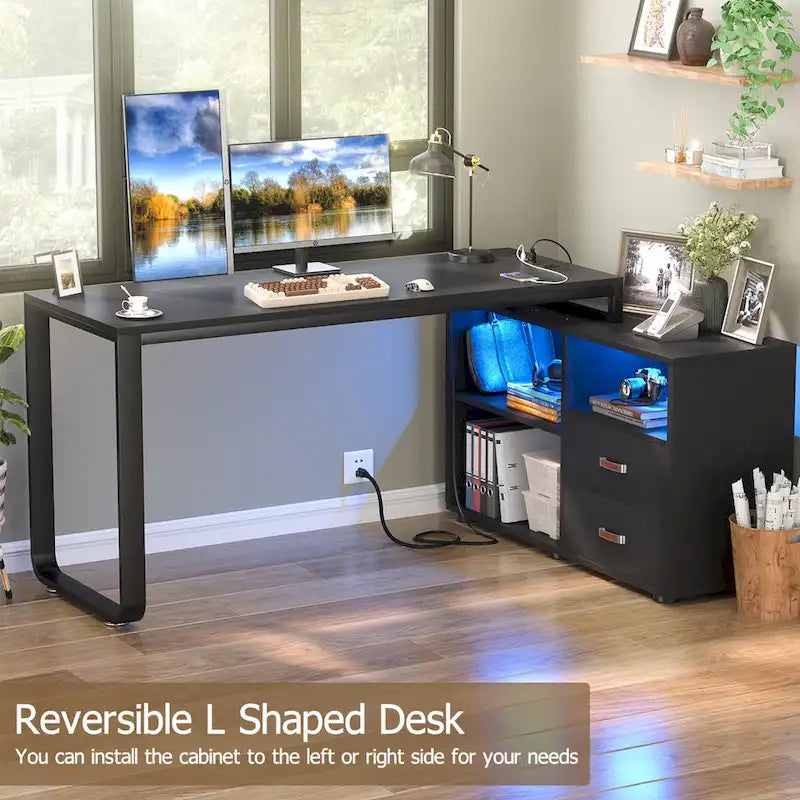 Bureau d'angle réversible en forme de L de 55 pouces avec classeur et prise de courant, bureaux d'ordinateur d'angle avec bande LED et tiroir