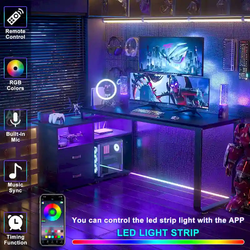 Bureau d'angle réversible en forme de L de 55 pouces avec classeur et prise de courant, bureaux d'ordinateur d'angle avec bande LED et tiroir