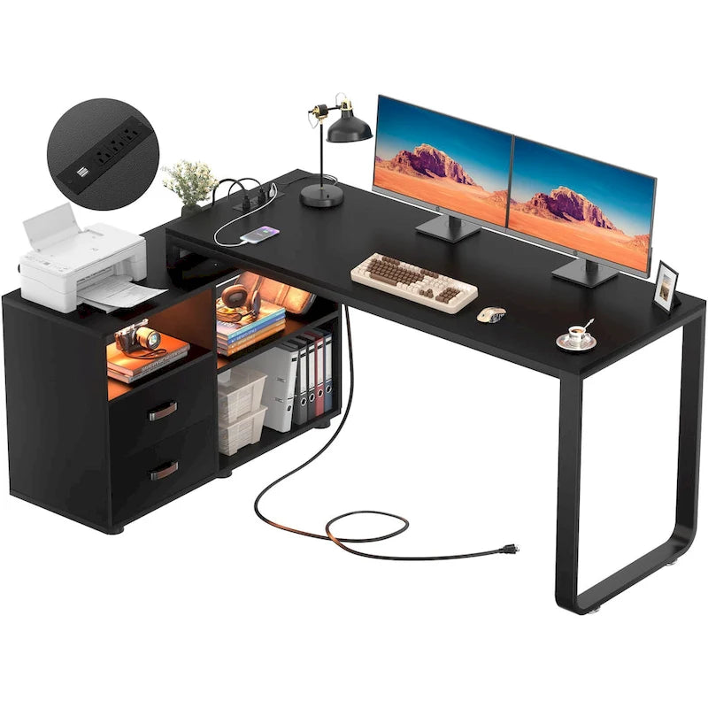 Bureau d'angle réversible en forme de L de 55 pouces avec classeur et prise de courant, bureaux d'ordinateur d'angle avec bande LED et tiroir