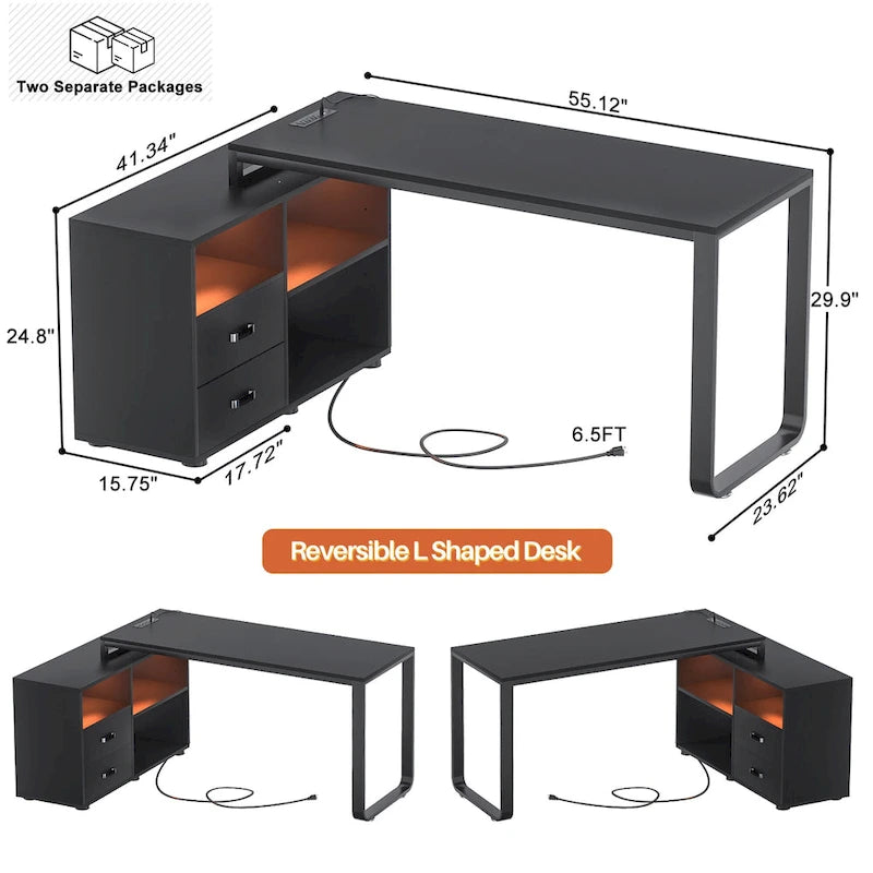 Bureau d'angle réversible en forme de L de 55 pouces avec classeur et prise de courant, bureaux d'ordinateur d'angle avec bande LED et tiroir