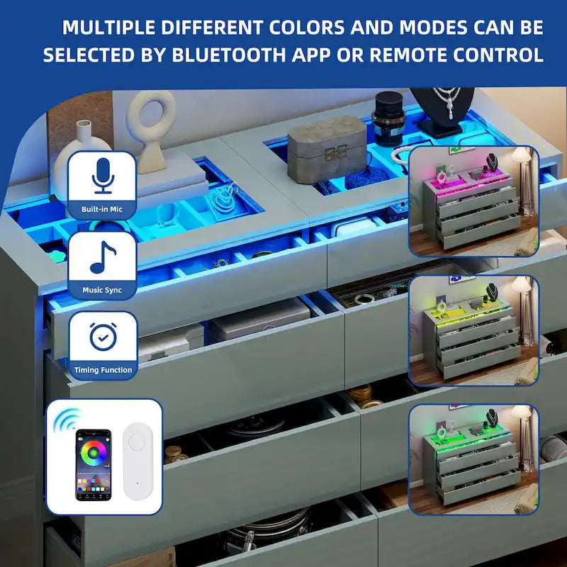 Commode 8 tiroirs Moasis avec lumière RVB, commode de rangement horizontale haute brillance