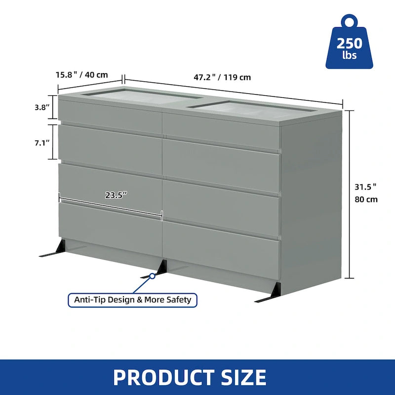 Commode 8 tiroirs Moasis avec lumière RVB, commode de rangement horizontale haute brillance