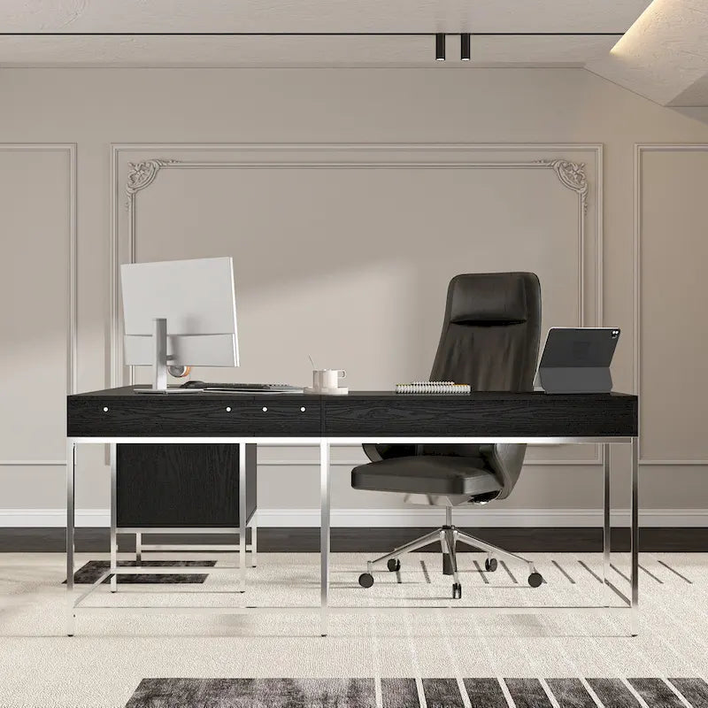 Bureau d'angle en bois noir avec tiroirs, cadre en acier, poste de travail de direction moderne