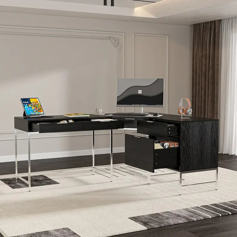 Bureau d'angle en bois noir avec tiroirs, cadre en acier, poste de travail de direction moderne