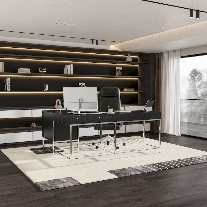 Bureau d'angle en bois noir avec tiroirs, cadre en acier, poste de travail de direction moderne