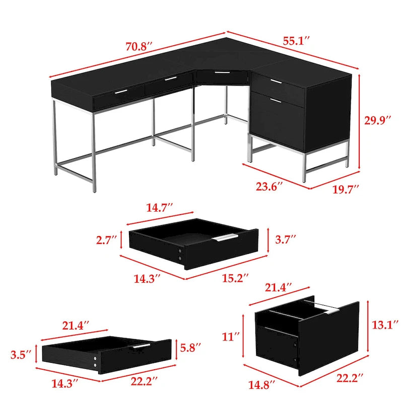 Bureau d'angle en bois noir avec tiroirs, cadre en acier, poste de travail de direction moderne