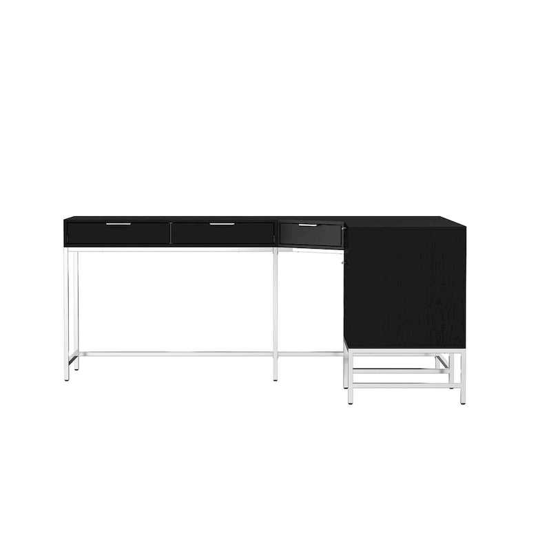 Bureau d'angle en bois noir avec tiroirs, cadre en acier, poste de travail de direction moderne