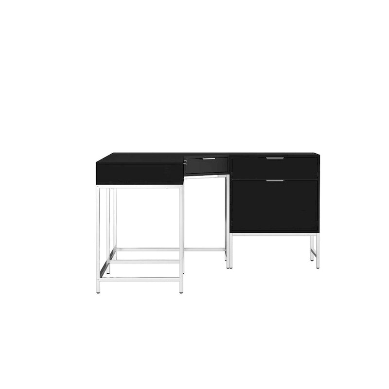 Bureau d'angle en bois noir avec tiroirs, cadre en acier, poste de travail de direction moderne
