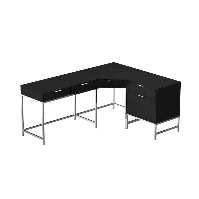 Bureau d'angle en bois noir avec tiroirs, cadre en acier, poste de travail de direction moderne