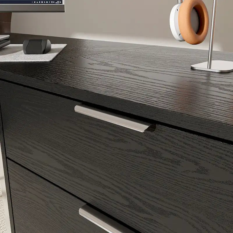 Bureau d'angle en bois noir avec tiroirs, cadre en acier, poste de travail de direction moderne