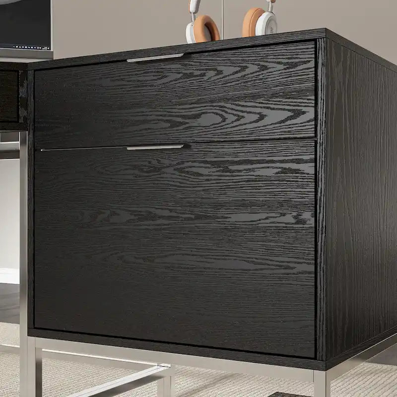 Bureau d'angle en bois noir avec tiroirs, cadre en acier, poste de travail de direction moderne
