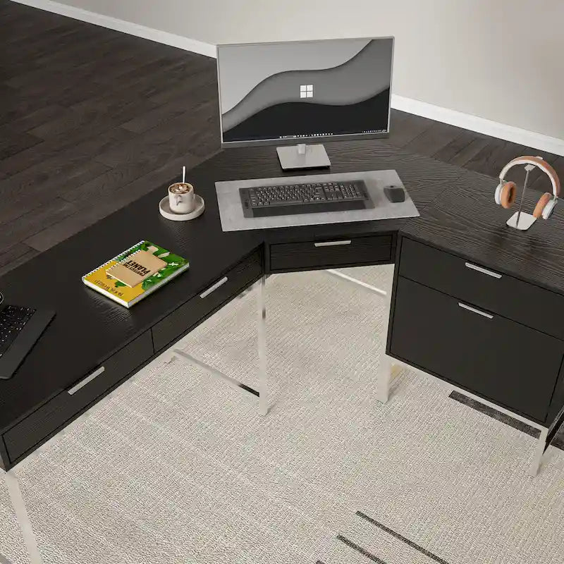Bureau d'angle en bois noir avec tiroirs, cadre en acier, poste de travail de direction moderne