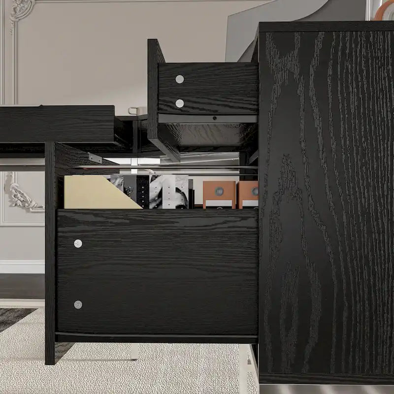 Bureau d'angle en bois noir avec tiroirs, cadre en acier, poste de travail de direction moderne