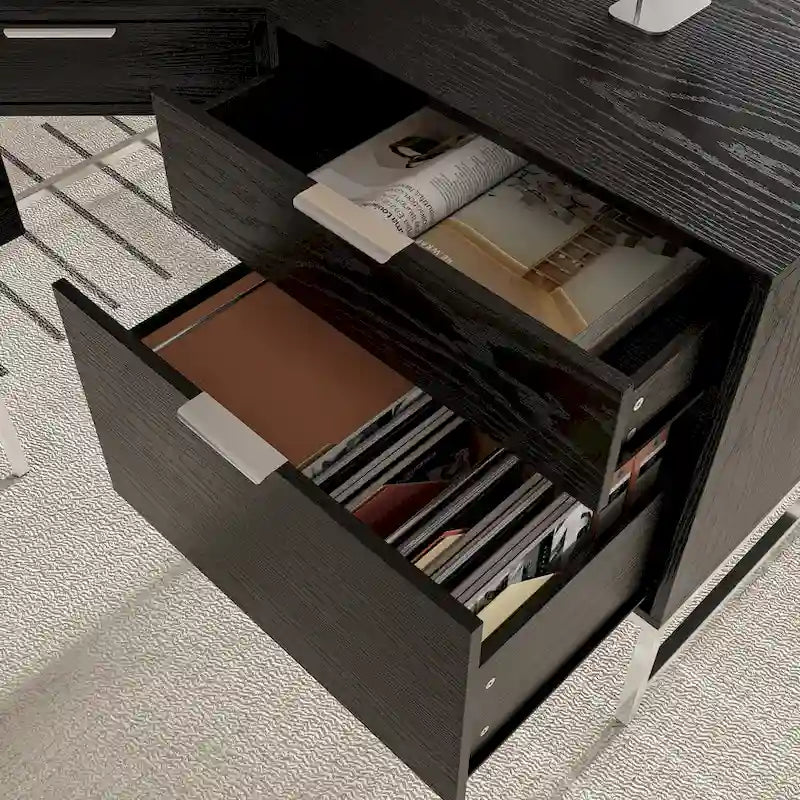 Bureau d'angle en bois noir avec tiroirs, cadre en acier, poste de travail de direction moderne