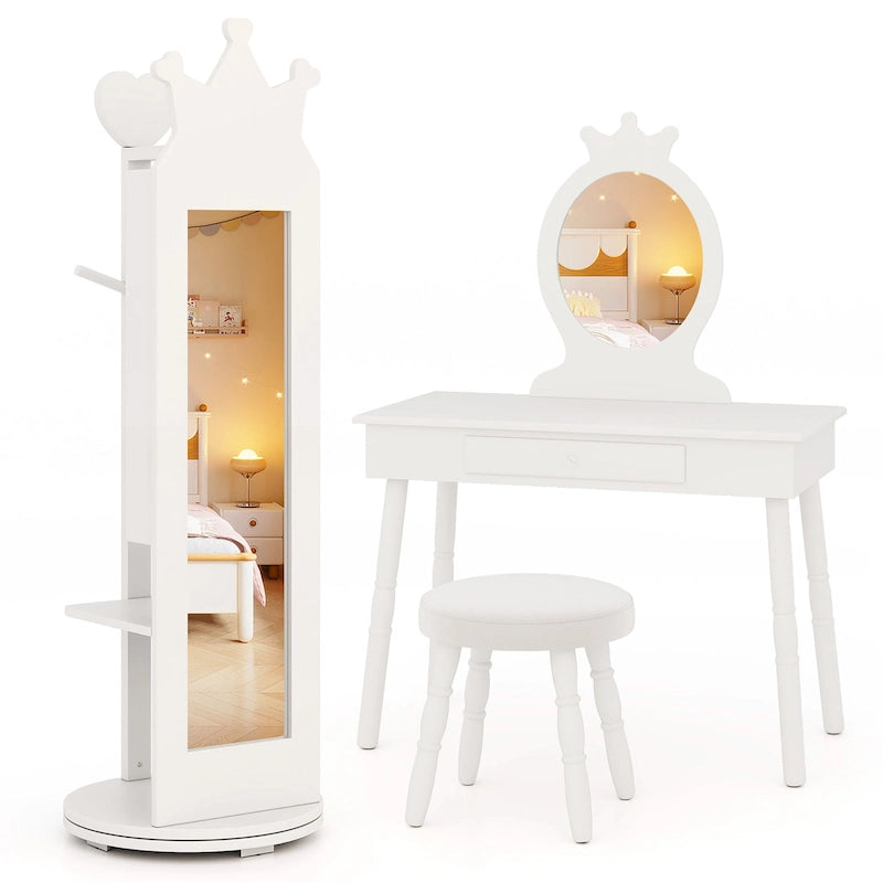Gymax Ensemble de Coiffeuse pour Enfants Princesse Table de Maquillage & Chaise avec