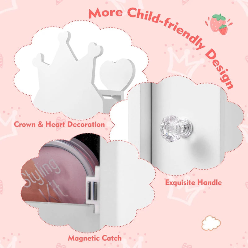 Gymax Ensemble de Coiffeuse pour Enfants Princesse Table de Maquillage & Chaise avec