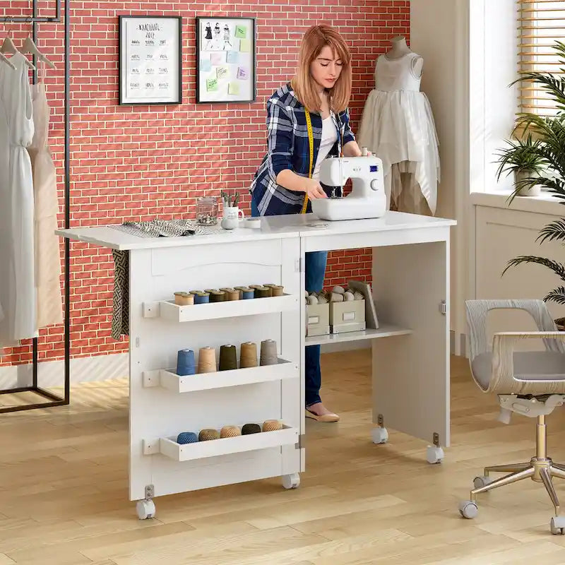 Table d'artisanat de couture pliante blanche Costway avec étagères de rangement - Voir détails