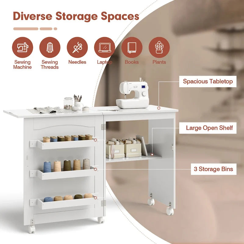 Table d'artisanat de couture pliante blanche Costway avec étagères de rangement - Voir détails