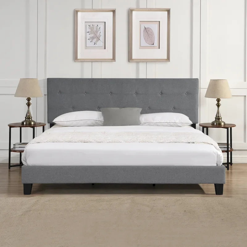 Lit plateforme King Size rembourré avec tête de lit en tissu lin capitonné