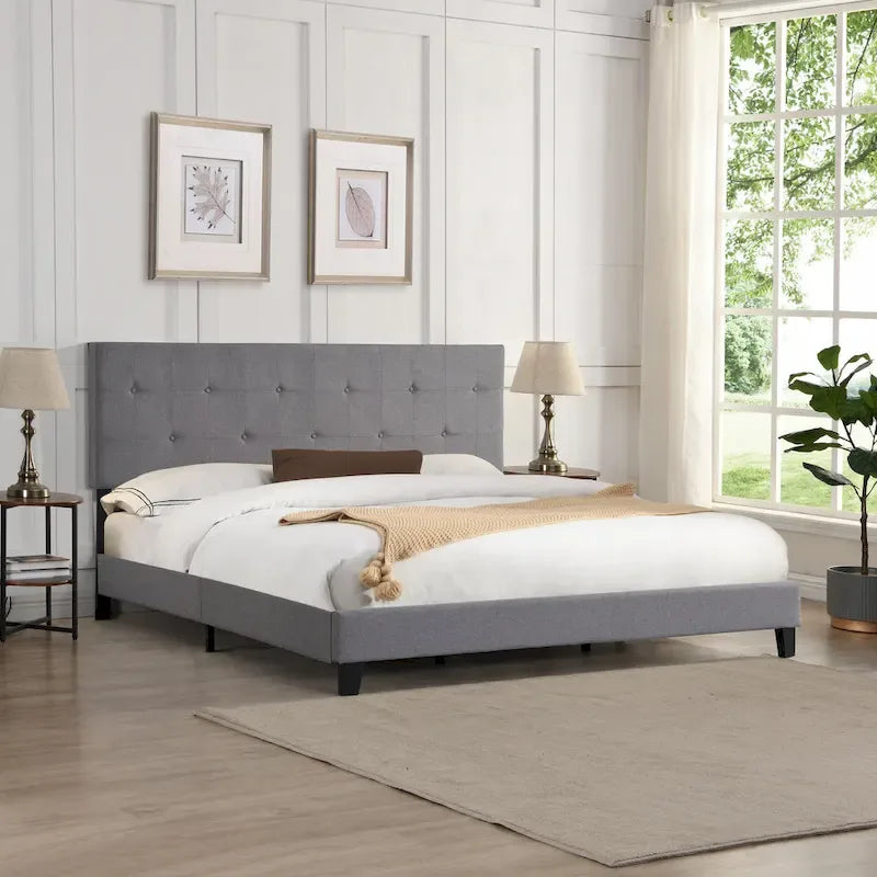 Lit plateforme King Size rembourré avec tête de lit en tissu lin capitonné