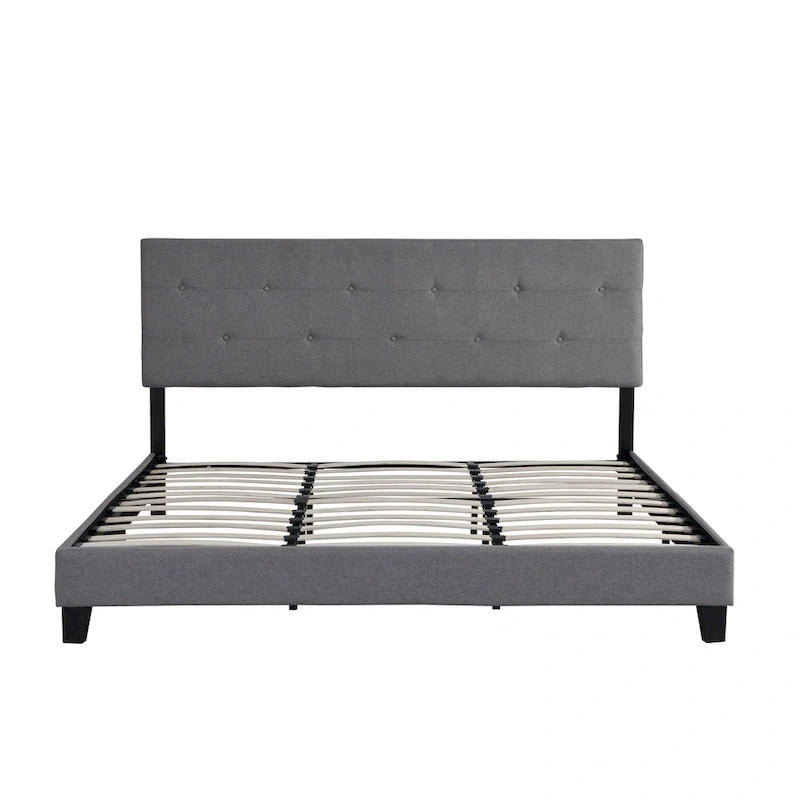 Lit plateforme King Size rembourré avec tête de lit en tissu lin capitonné