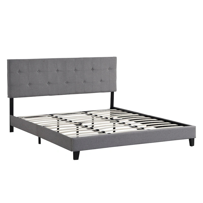 Lit plateforme King Size rembourré avec tête de lit en tissu lin capitonné