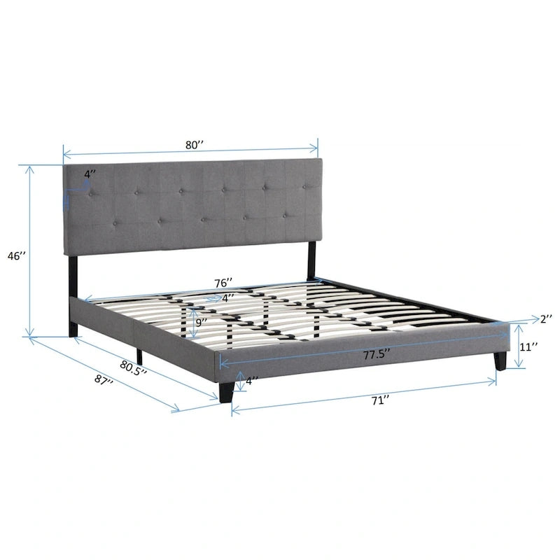 Lit plateforme King Size rembourré avec tête de lit en tissu lin capitonné