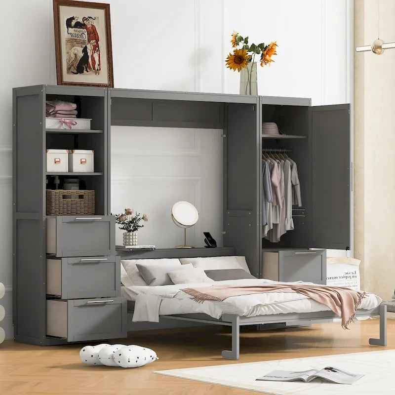 Lit escamotable Queen moderne avec placard et tiroirs