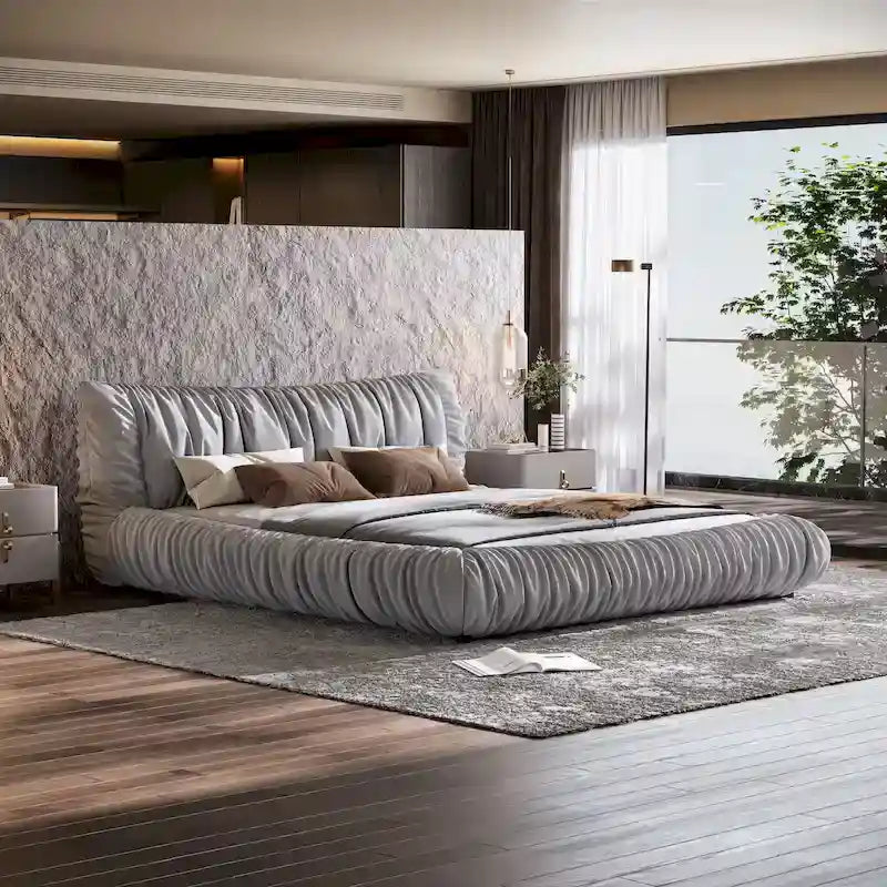 Lit plateforme de luxe king-size gris clair capitonné avec coussin amovible et cadre en bois massif