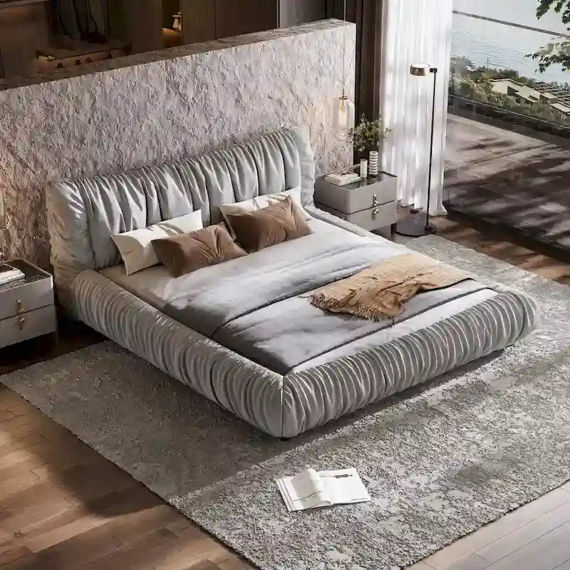 Lit plateforme de luxe king-size gris clair capitonné avec coussin amovible et cadre en bois massif