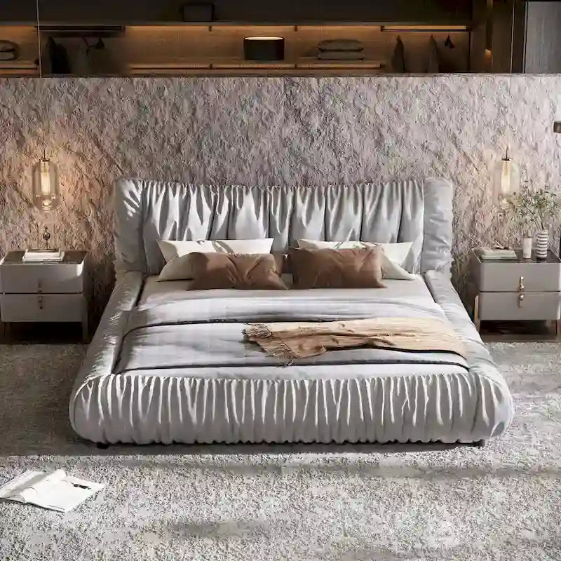 Lit plateforme de luxe king-size gris clair capitonné avec coussin amovible et cadre en bois massif