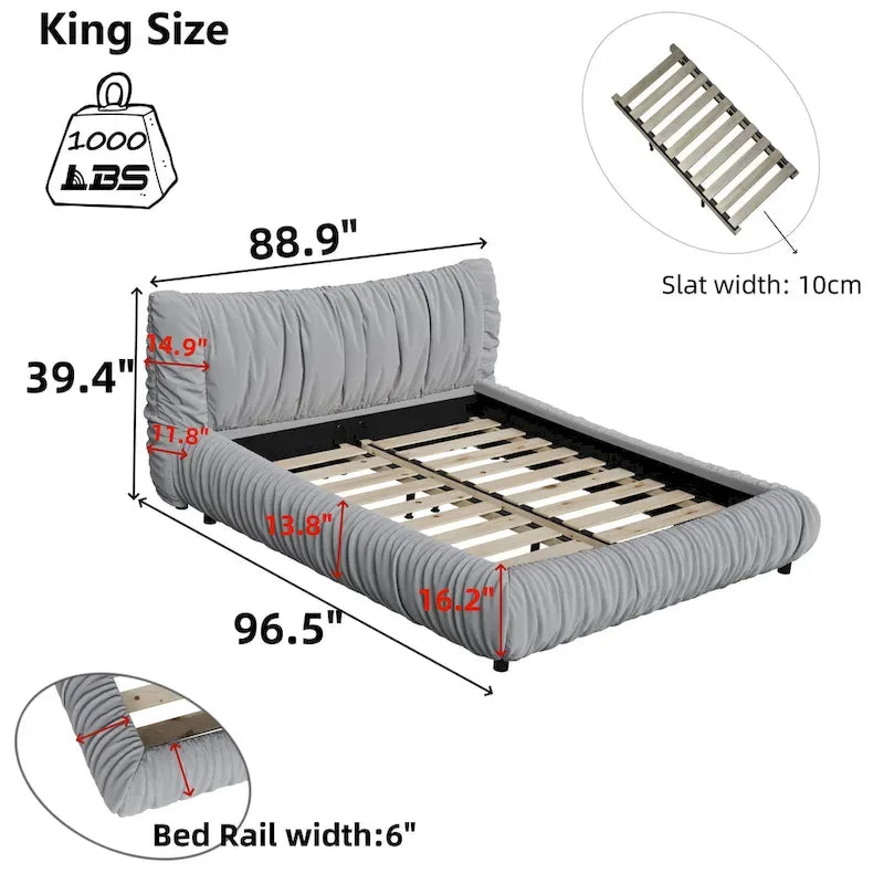 Lit plateforme de luxe king-size gris clair capitonné avec coussin amovible et cadre en bois massif