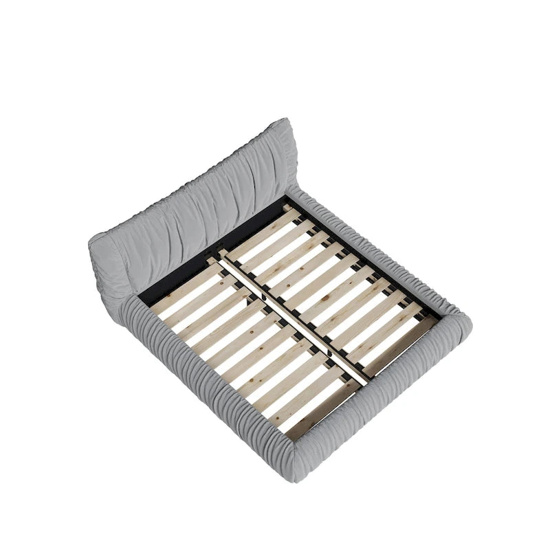 Lit plateforme de luxe king-size gris clair capitonné avec coussin amovible et cadre en bois massif