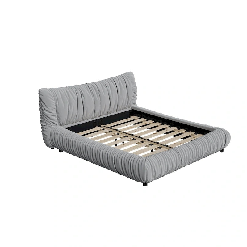 Lit plateforme de luxe king-size gris clair capitonné avec coussin amovible et cadre en bois massif