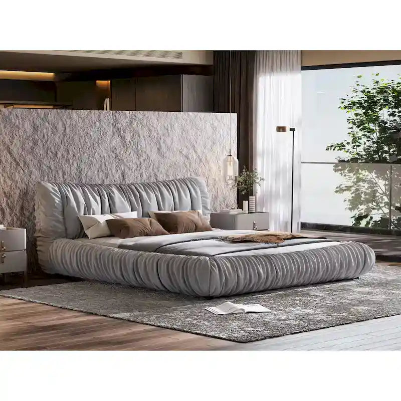 Lit plateforme de luxe king-size gris clair capitonné avec coussin amovible et cadre en bois massif