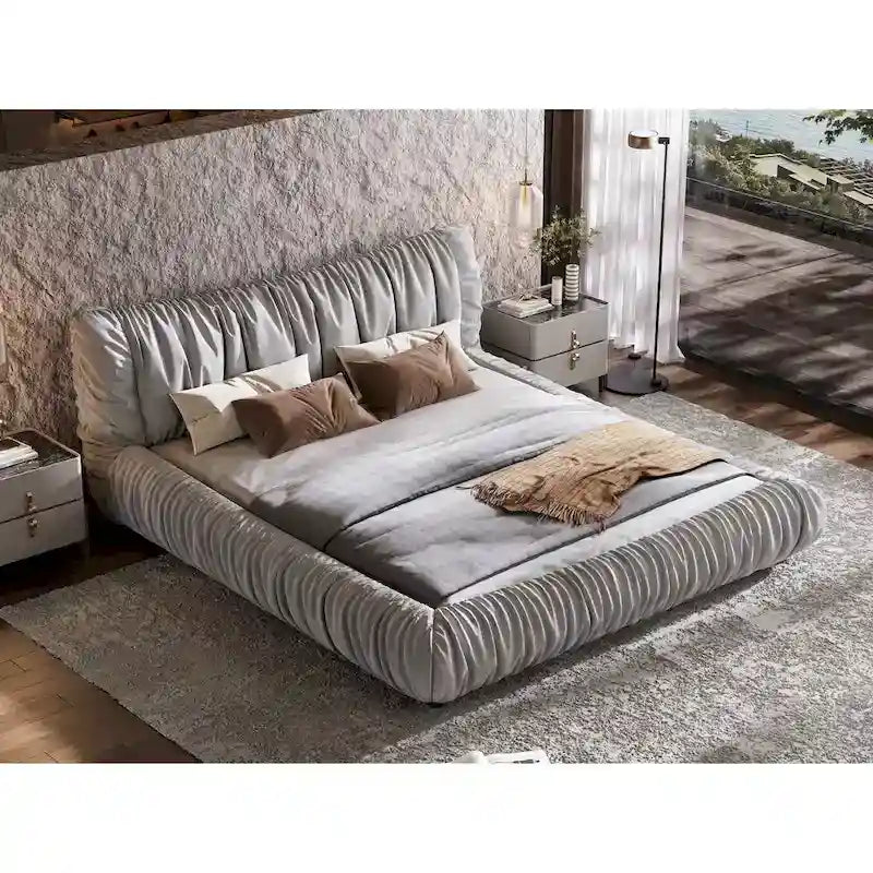 Lit plateforme de luxe king-size gris clair capitonné avec coussin amovible et cadre en bois massif
