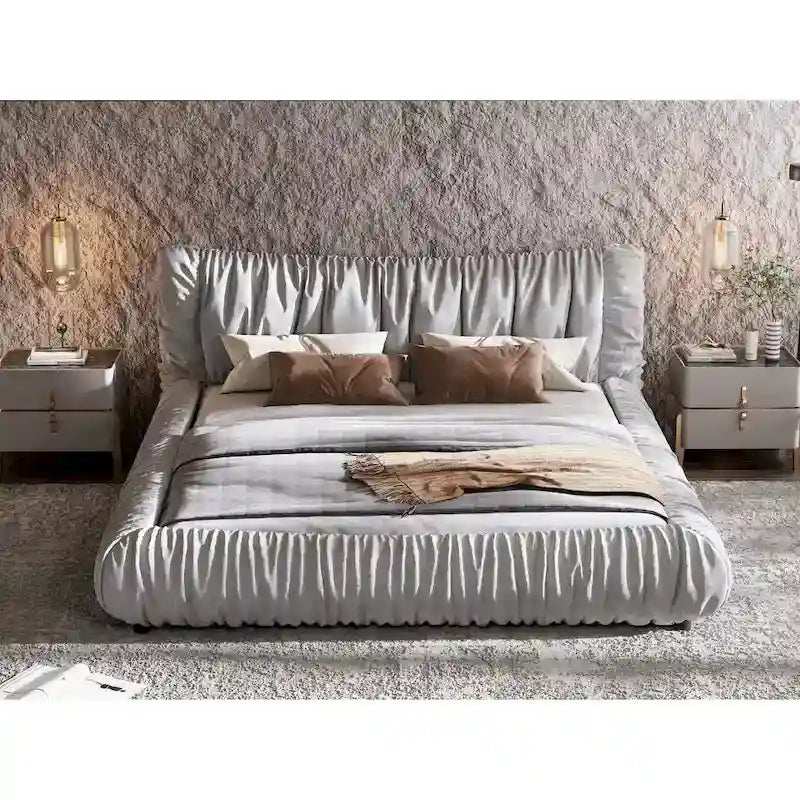Lit plateforme de luxe king-size gris clair capitonné avec coussin amovible et cadre en bois massif