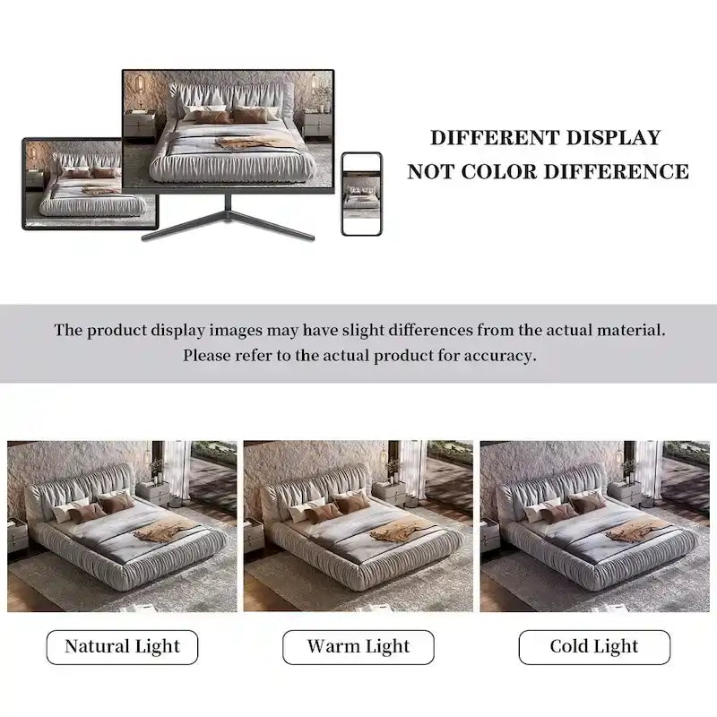 Lit plateforme de luxe king-size gris clair capitonné avec coussin amovible et cadre en bois massif