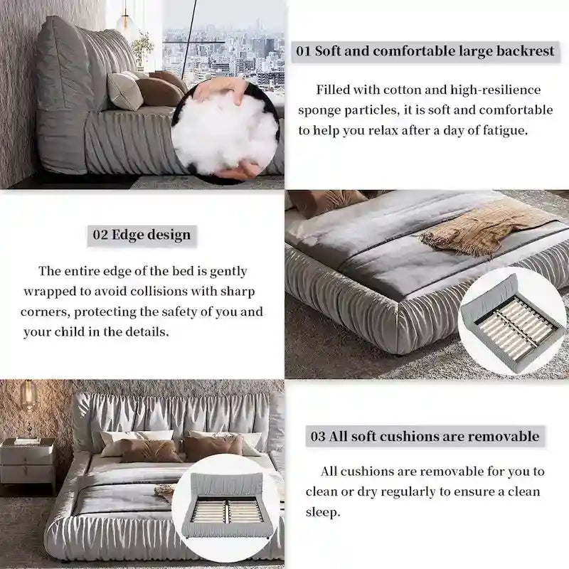 Lit plateforme de luxe king-size gris clair capitonné avec coussin amovible et cadre en bois massif