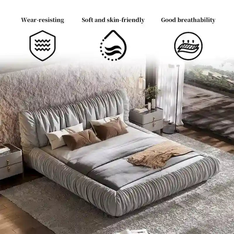 Lit plateforme de luxe king-size gris clair capitonné avec coussin amovible et cadre en bois massif