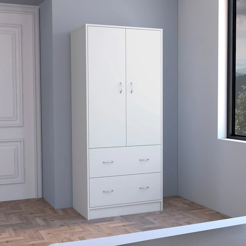 30.9 Armoire moderne à double porte avec deux tiroirs et tringle à vêtements pour chambre à coucher