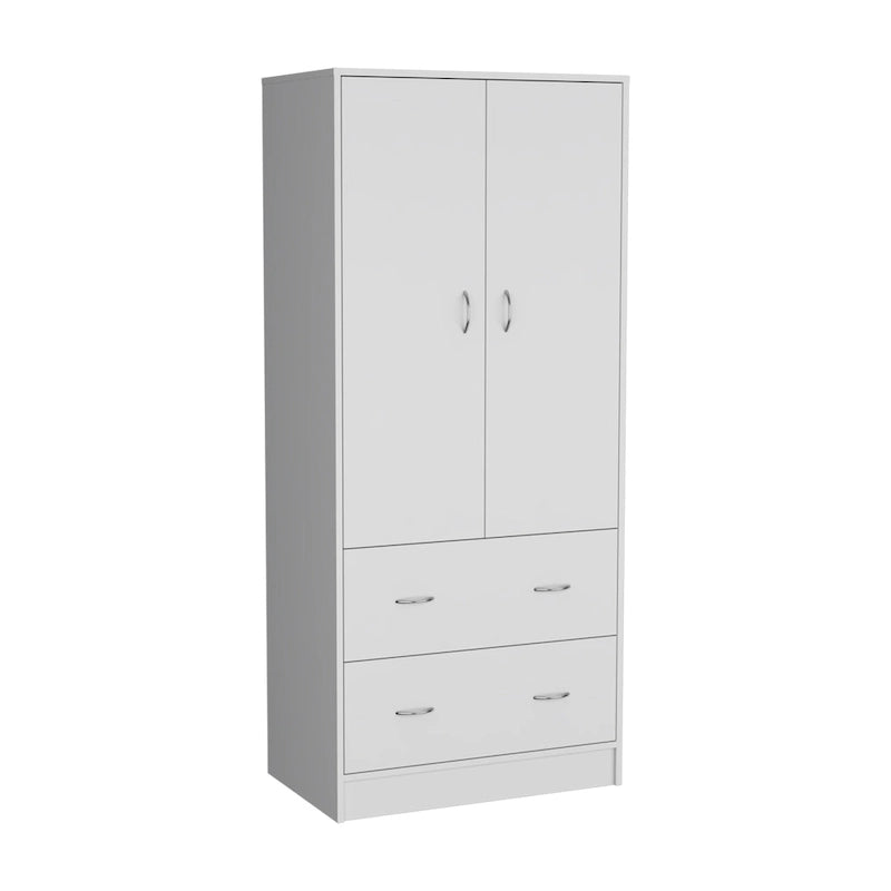 30.9 Armoire moderne à double porte avec deux tiroirs et tringle à vêtements pour chambre à coucher