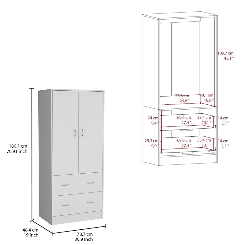 30.9 Armoire moderne à double porte avec deux tiroirs et tringle à vêtements pour chambre à coucher