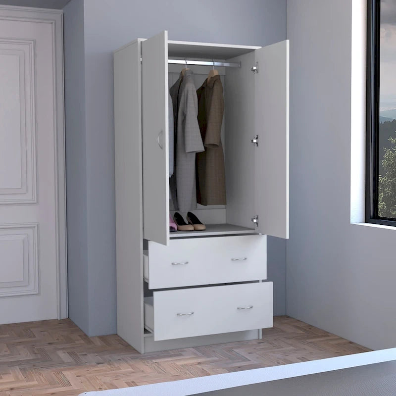 30.9 Armoire moderne à double porte avec deux tiroirs et tringle à vêtements pour chambre à coucher