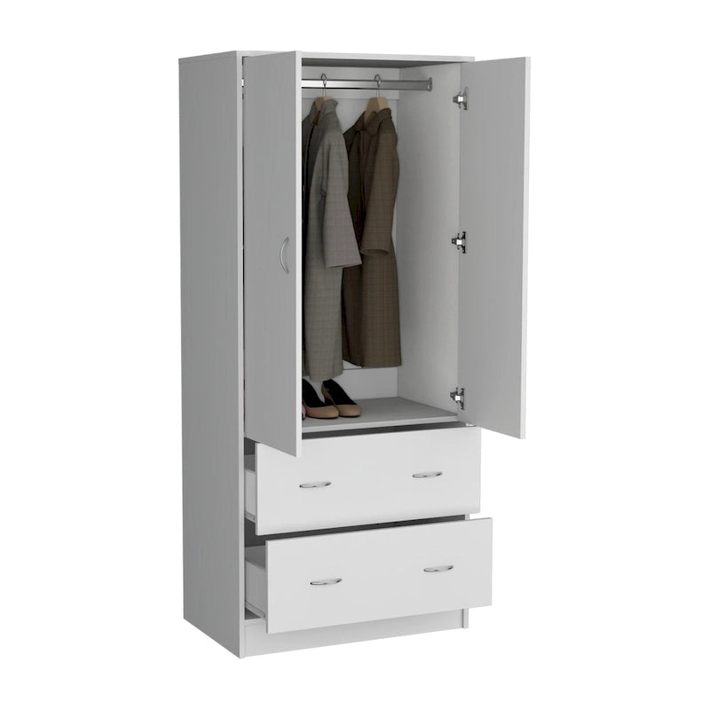 30.9 Armoire moderne à double porte avec deux tiroirs et tringle à vêtements pour chambre à coucher