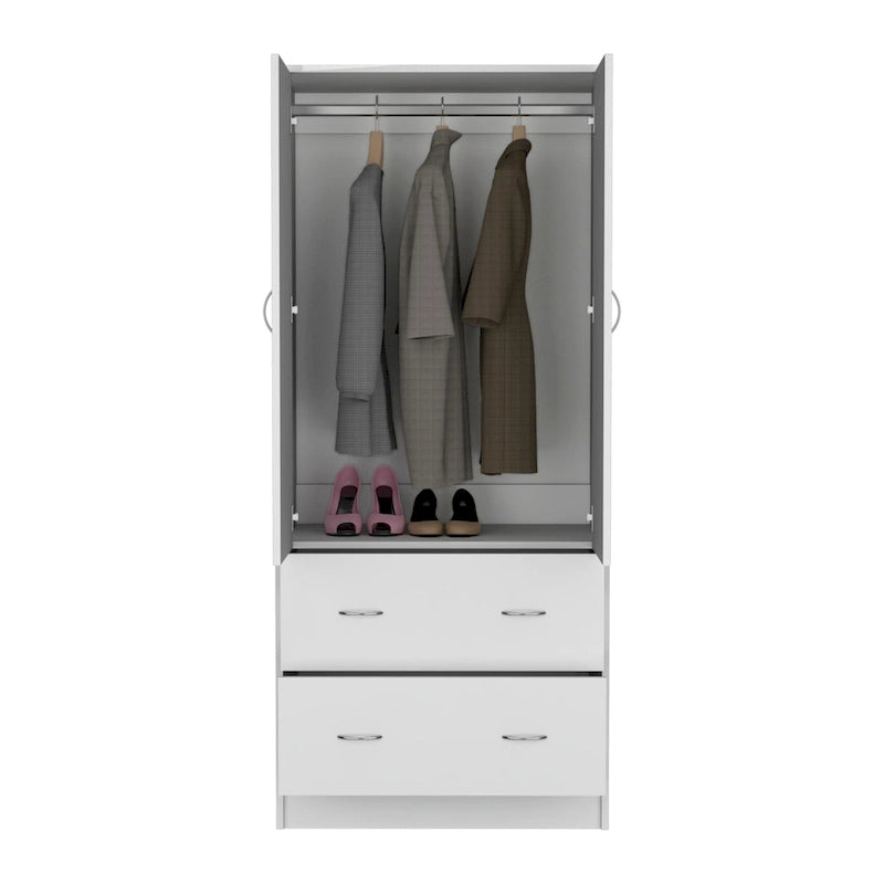 30.9 Armoire moderne à double porte avec deux tiroirs et tringle à vêtements pour chambre à coucher