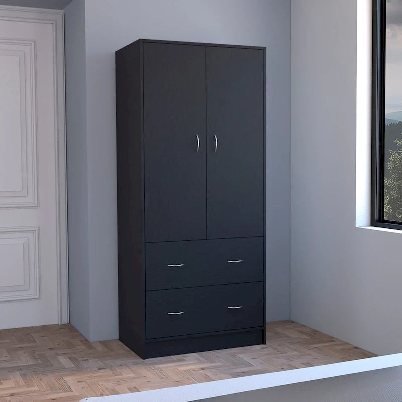 30.9 Armoire moderne à double porte avec deux tiroirs et tringle à vêtements pour chambre à coucher