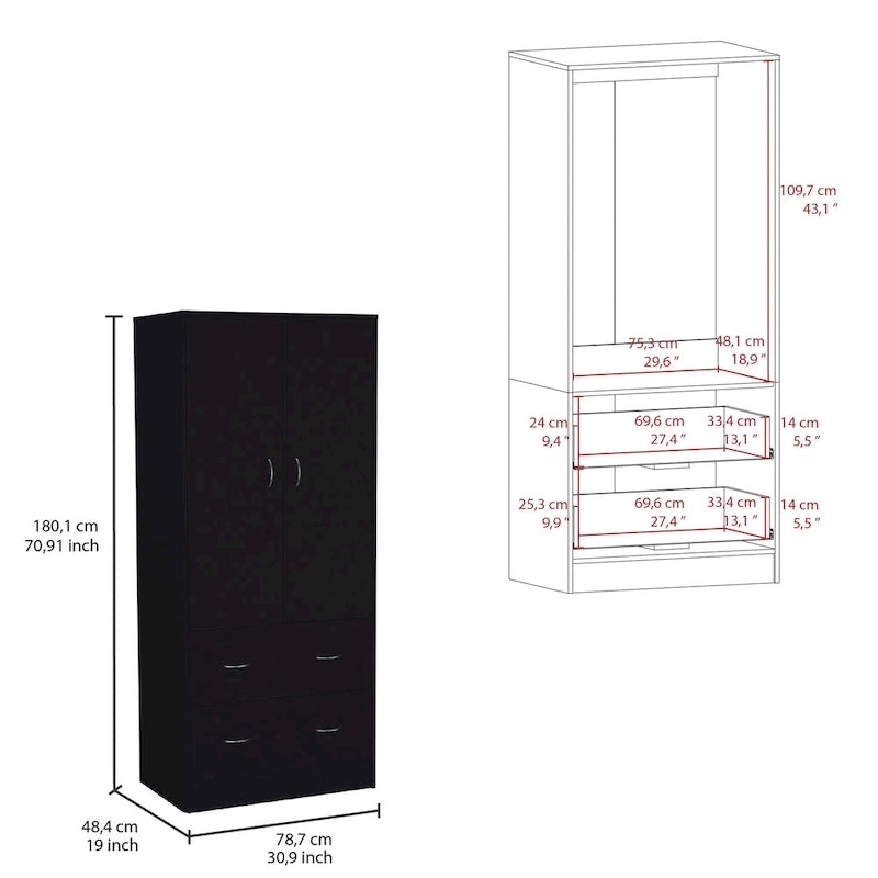 30.9 Armoire moderne à double porte avec deux tiroirs et tringle à vêtements pour chambre à coucher
